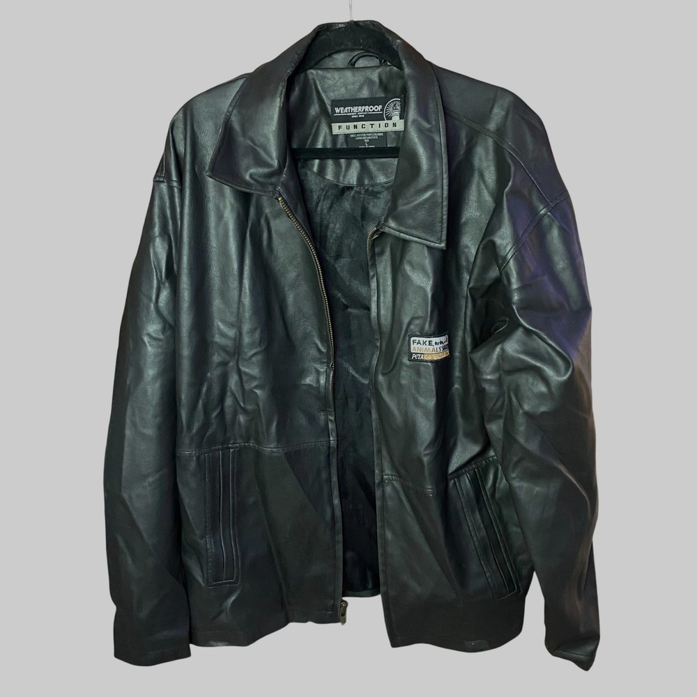 Weatherproof Faux Leather Jacket Mens L Black PETA Cruelty Free Patch PVC